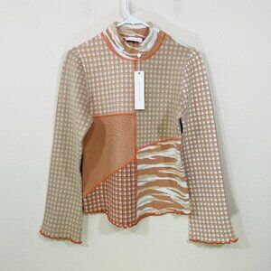 NEW Jonathan Simkhai Xena Patchwork Knit Top‎ Sz L Caramel Combo Mock Neck NWT